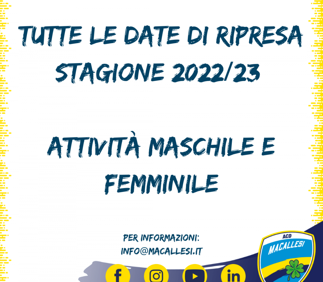 Tutte le date di ripresa attività Stagione 2022/23