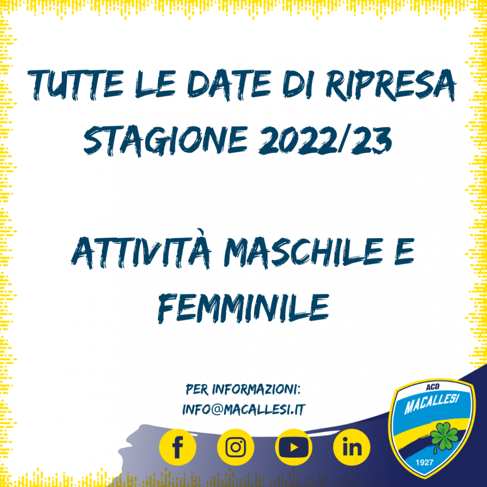 Tutte le date di ripresa attività Stagione 2022/23