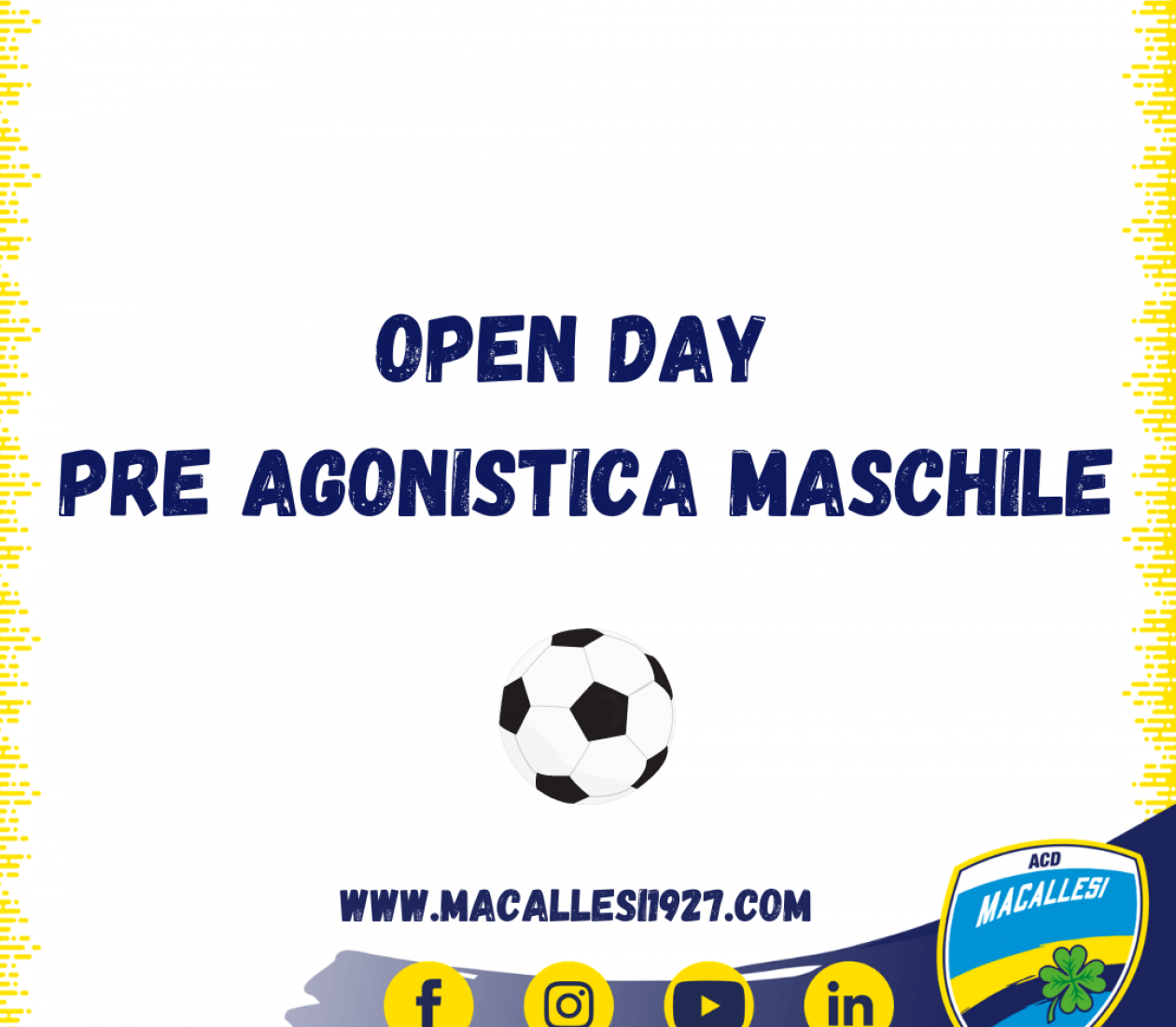 Date Open Day Scuola calcio Pre Agonistica maschile Stagione 2021/2022