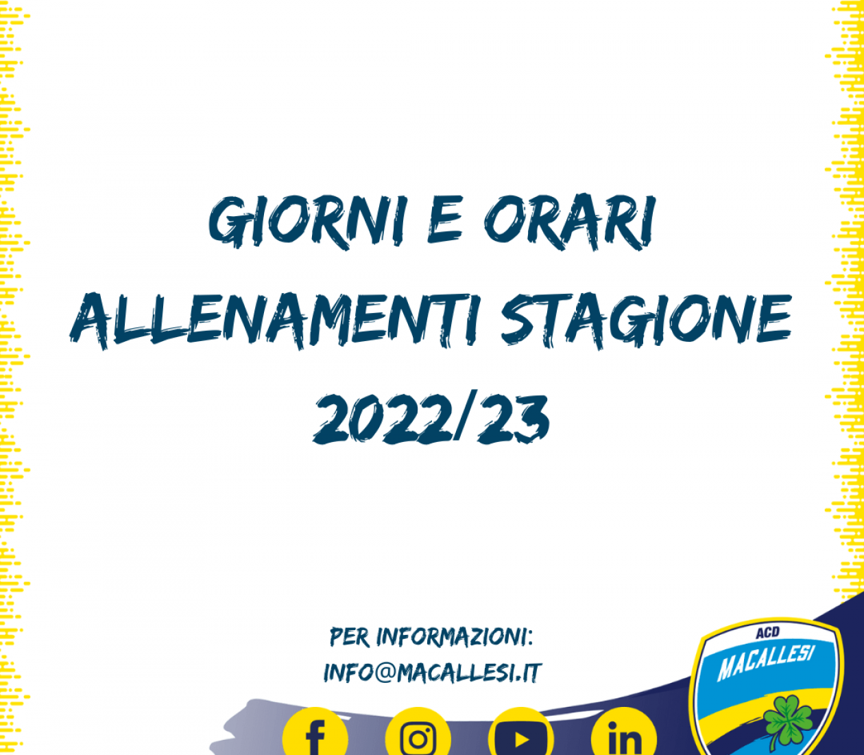 Giorni e orari di allenamenti stagione 2022/23