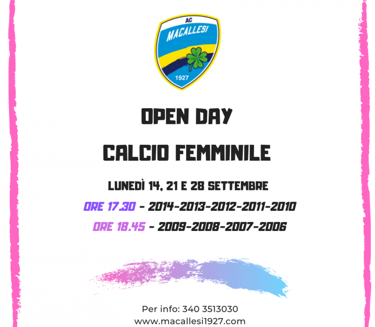 Nuove date Open day calcio femminile