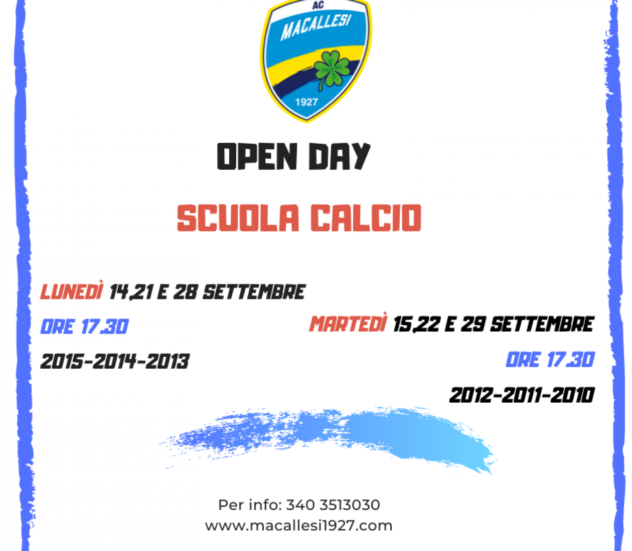 Nuove date Open day calcio maschile