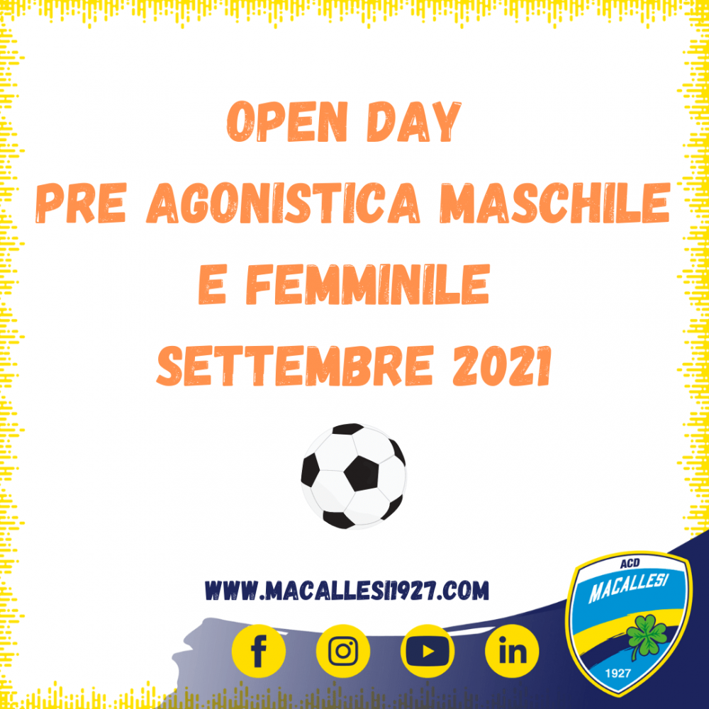 Open day Pre Agonistica Calcio maschile e femminile – settembre 2021