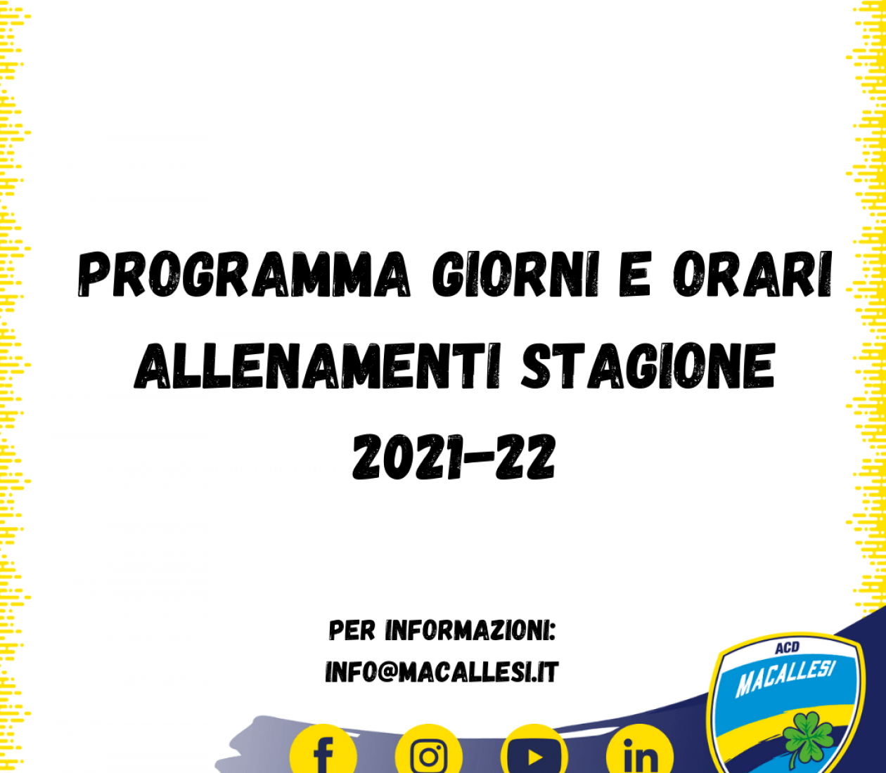 Programma giorni e orari allenamenti stagione 21-22